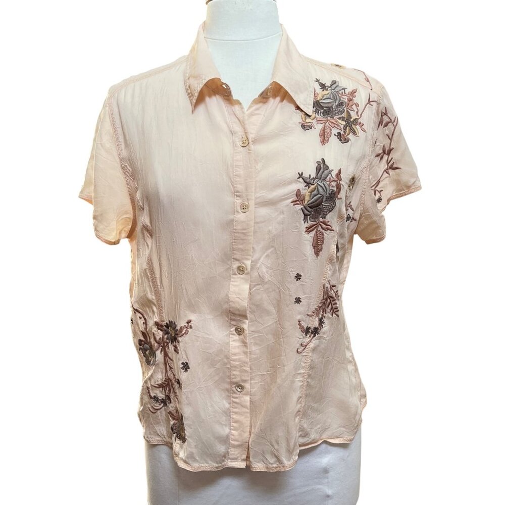 J.Jill Peach Short Sleeve‎ Embroidered Floral Button-Up Blouse Large Petite LP